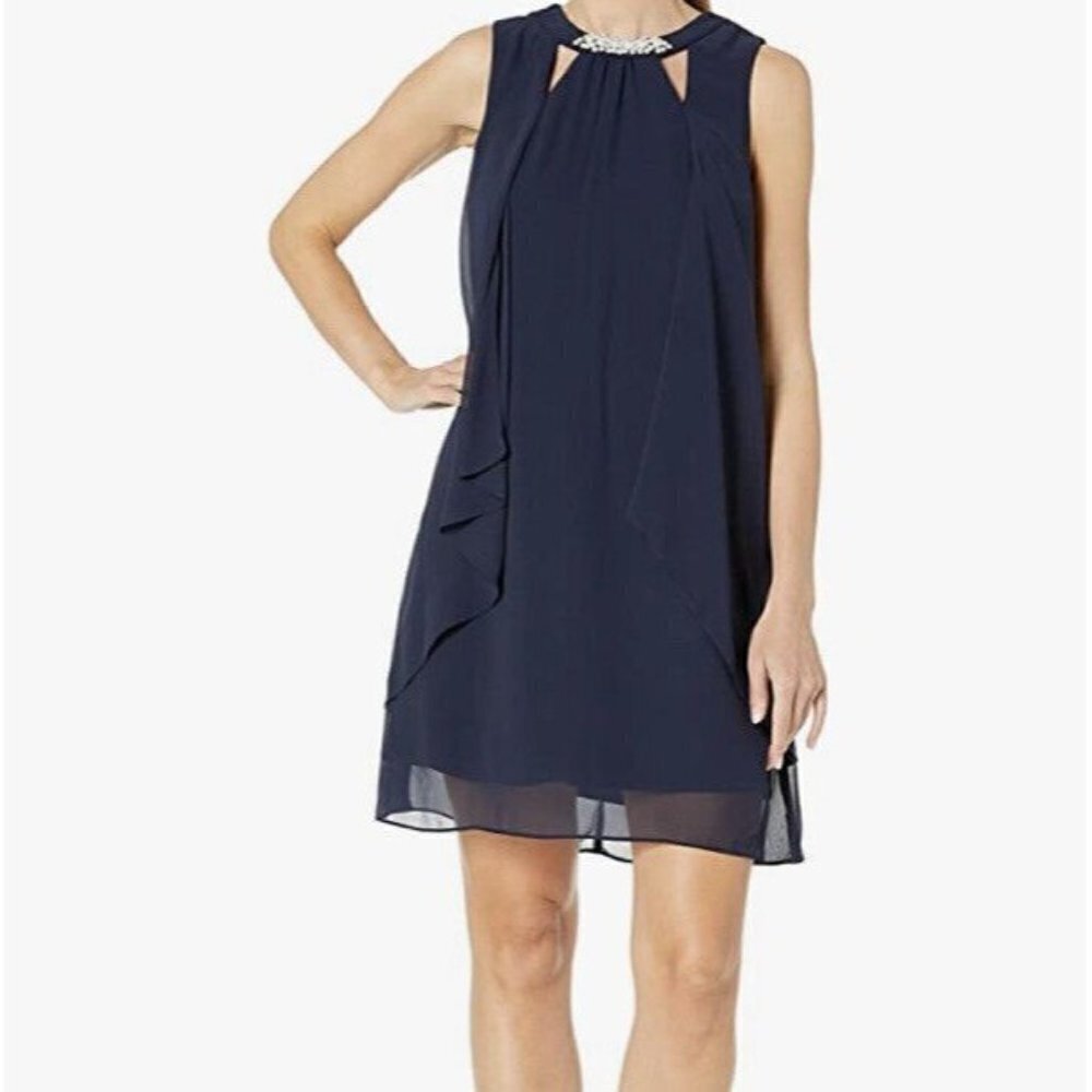 SLNY Navy Blue Sleeveless Cutout Pearl Neck Sheer Overlay Shift Dress Size 6
